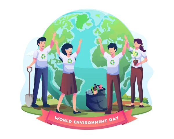 Eco Volunteers Clean Polluted Environment Globe Earth Young People Clean — Stockový vektor