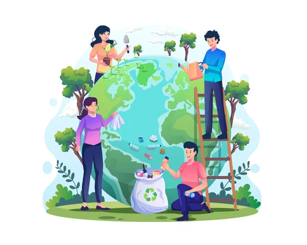 Hand Draw World Environment Day Concept People Taking Care Earth — Stok Vektör