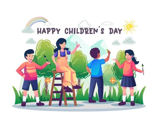 Szczęśliwego Dnia Dziecka Dzieci Malowanie Rysunków Ścianie Dzieci Używają Kredek — Wektor stockowy