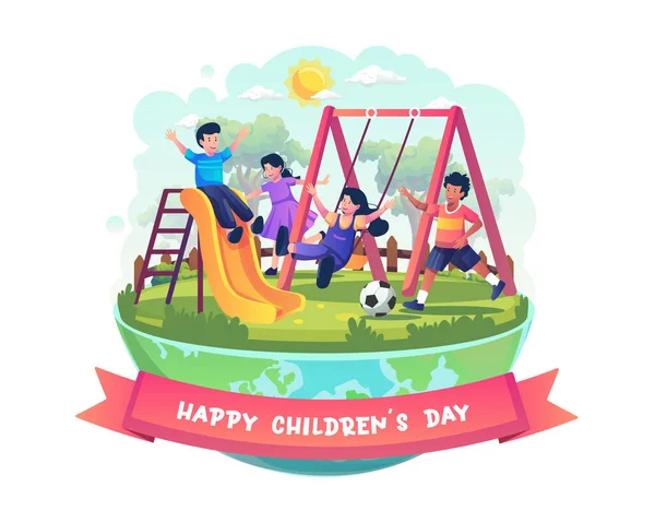 Happy Children Day Children Having Fun Playground Děti Hrají Diapozitivy — Stockový vektor