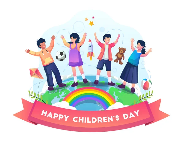Szczęśliwe Dzieci Całym Świecie Stoją Podniesionymi Rękami Świętując Wspólnie Dzień — Wektor stockowy