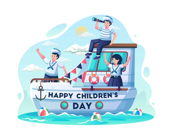 Niños Trajes Marineros Navegando Por Mar Usando Velero Feliz Celebración — Vector de stock