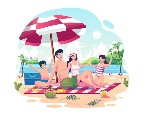 Happy Family Two Kids Relaxing Enjoying Summer Beach Father Mother — Image vectorielle