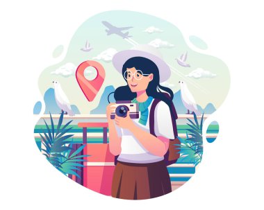 Turne sırasında fotoğraf çekmek için elinde kamerayla beyaz şapkalı mutlu genç bir turist. Yaz tatili ya da tatil ve seyahat konsepti. Düz biçimli vektör illüstrasyonu