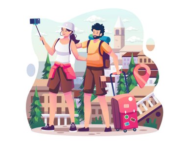 Bir turist çift telefonda selfie çekiyorlar. Erkek ve kadın yaz tatilinde ya da tatil seyahatinde gezmeye gidiyorlar. Düz biçimli vektör illüstrasyonu