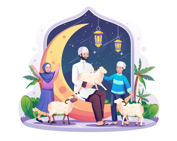 一位父亲和他的孩子正在和羊群一起庆祝宰牲节的夜晚 一个穆斯林拿着一只小羊坐在月牙上 平面样式的矢量图解 — 图库矢量图片