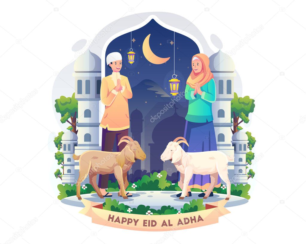 Muslim couple saying happy eid al Adha. People celebrate the Festival of the Sacrifice Qurban with goats. Vector illustration in flat style
