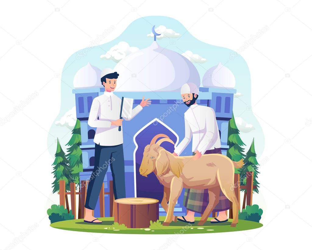 People are slaughtering goats as sacrificial livestock animals. men are holding a goat for Qurban. People celebrate Eid al-Adha. Vector illustration in flat style