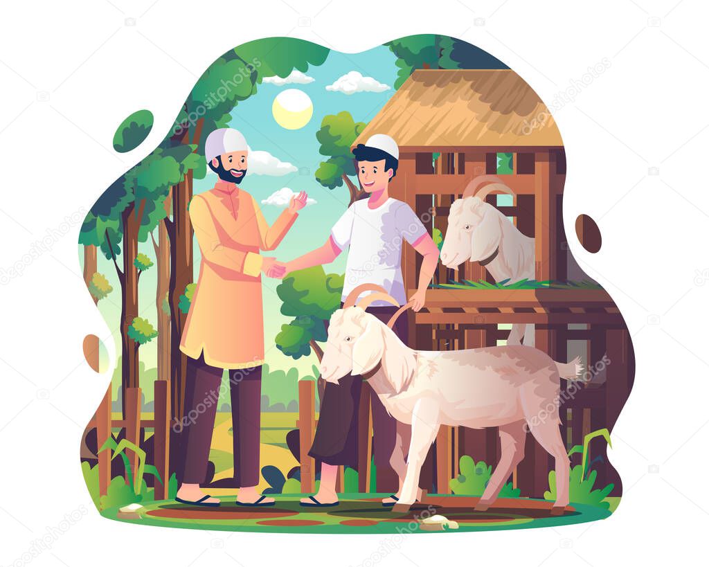 Muslim people are buying sacrificial animals from farmers to celebrate eid al Adha. Two people shake hands in agreement after buying a goat. Vector illustration in flat style