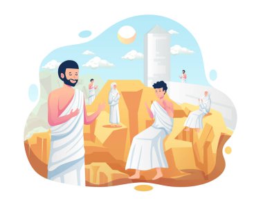 Arafat tepesindeki Jabal Rahmah dağlarında dua eden Müslüman hacı. İnananlar, Hac 'ı (Hac' ı) yerine getirsinler. Düz biçimli vektör illüstrasyonu