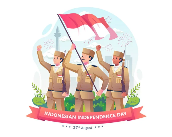 Ινδονησία Στρατιώτες Vintage Στολές Τουφέκια Και Κρατώντας Μια Κόκκινη Και — Διανυσματικό Αρχείο
