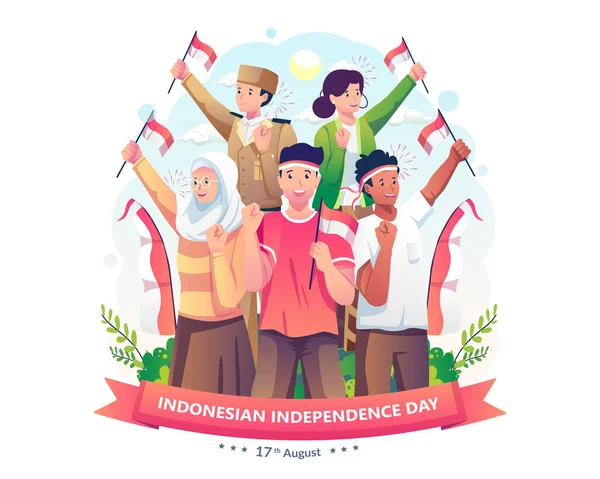 Κόσμος Γιορτάζει Την Ημέρα Ανεξαρτησίας Της Ινδονησίας Υψώνοντας Την Κόκκινη — Διανυσματικό Αρχείο