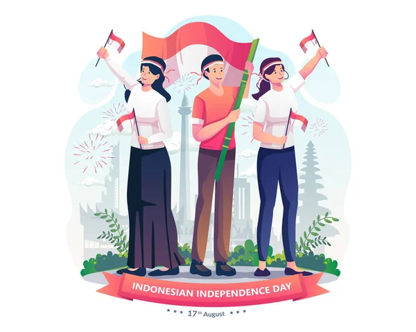 Youth Celebrate Indonesia Independence Day Holding Red White Indonesian Flag — Vector de stock