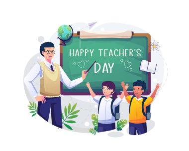 A male teacher is pointing at the chalkboard that says happy teachers day with two students. Vector illustration in flat style