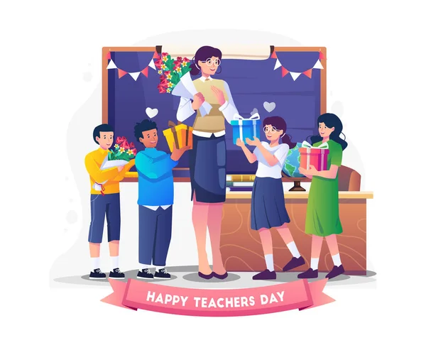 Students Give Female Teachers Gifts Flowers Celebrate Teacher Day Vector - Stok Vektor