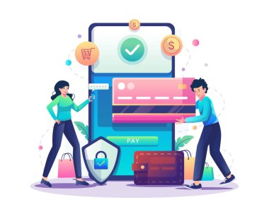 Çevrimiçi ödeme kavramı. Bir adam ve bir kadın akıllı telefondan dijital para transferi yapıyorlar. Mobil bankacılık, güvenli ödeme, elektronik fatura ödemesi. Düz biçimli vektör illüstrasyonu