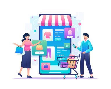 Mobil alışveriş konsepti. Bir erkek ve bir kadın online mağazadan büyük bir akıllı telefondan bir şeyler satın alıyorlar. E-Ticaret ve Online Alışveriş. Düz biçimli vektör illüstrasyonu