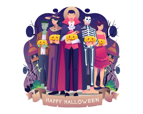 Grupo Personas Disfrazadas Vampiro Bruja Esqueleto Zombi Celebrando Halloween Gente — Vector de stock