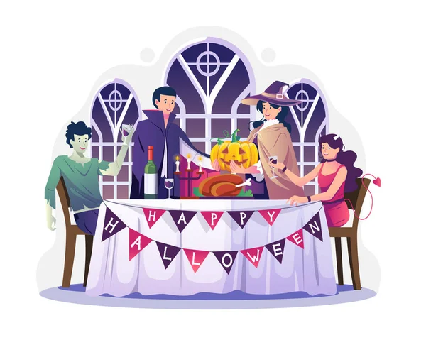 People Costumes Have Dinner Table Halloween Night Happy Halloween Party — Stock Vector