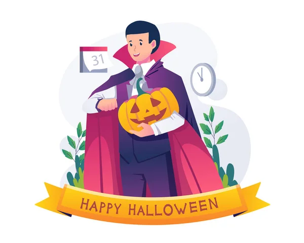 Happy Halloween Man Wearing Halloween Costume Holding Pumpkin Preparing Waiting — Stock Vector