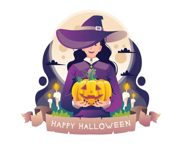 Čarodějnice Držící Halloweenskou Dýni Mladá Žena Čarodějnickém Kostýmu Kloboukem Noční — Stockový vektor