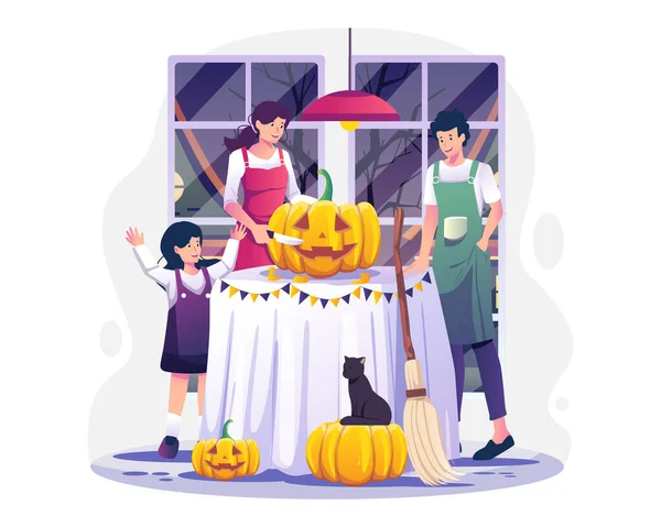 Family Carving Pumpkins Home Preparing Halloween Vector Illustration Flat Style — Stock Vector