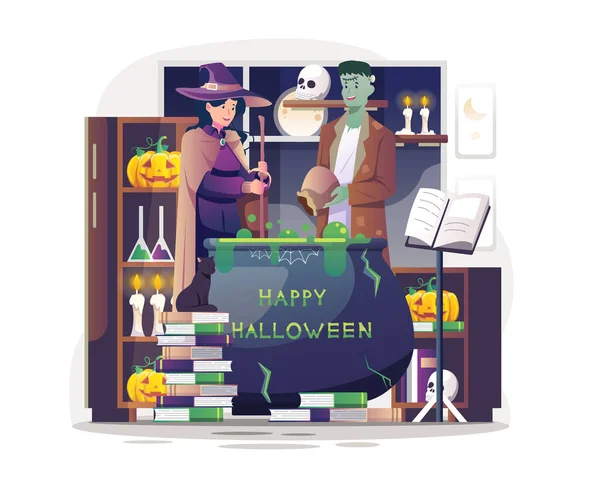 Gelukkige Halloween Illustratie Met Een Heks Frankenstein Die Een Groen — Stockvector