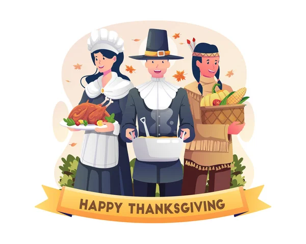 Happy Thanksgiving People Pilger Und Heimatkostümen Halten Einen Gebratenen Truthahn — Stockvektor