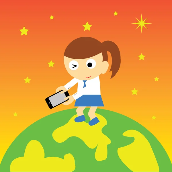 Girl on the earth with mobile phone — Stock Vector