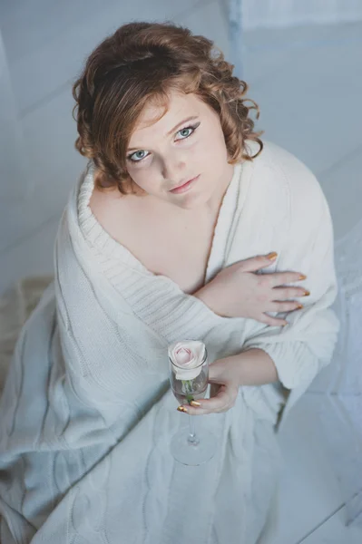 Portrait beautiful girl in a white sweater — Stock Photo, Image