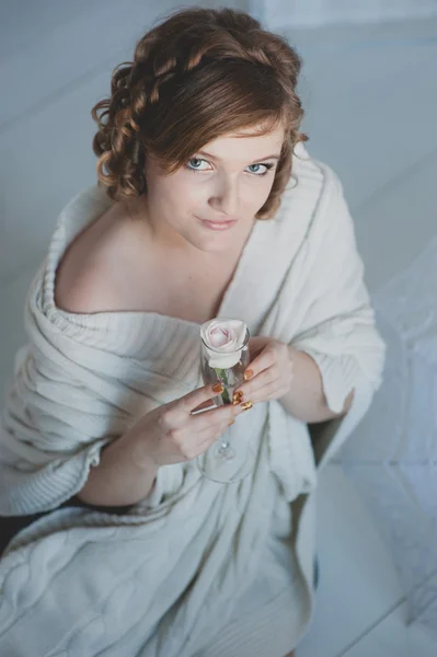 Portrait beautiful girl in a white sweater — Stock Photo, Image