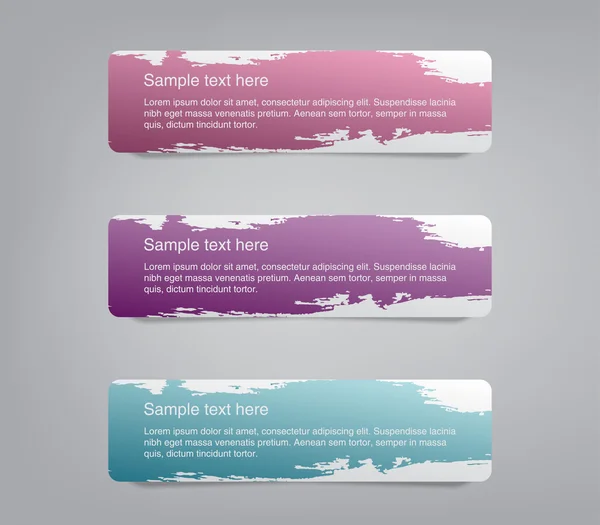 Drie kleurrijke vector stickers etiketten tags met een penseelstreek hand geschilderde achtergrond — Stockvector