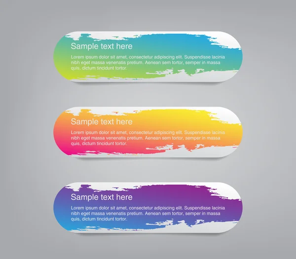 Drei bunte Vektor-Aufkleber Etiketten Tags mit einem Pinselstrich handgemalten Hintergrund — Stockvektor
