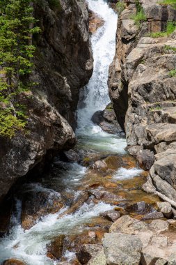 Colorado 'daki Rocky Dağı Ulusal Parkı' ndaki dağ nehrinden akan temiz su.