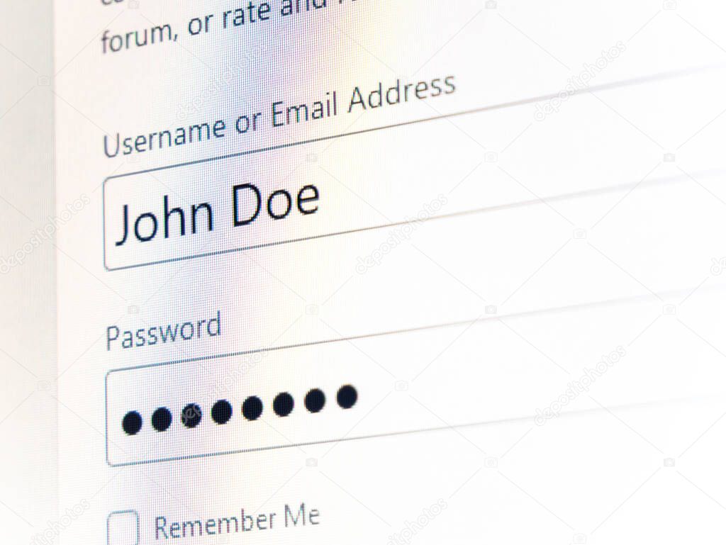 John Doe fake username login and password private account credentials simple authentication abstract concept, nobody, computer monitor display closeup detail Online login form, cyber security, privacy
