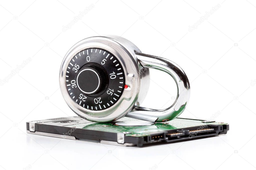 Locked HDD, hard drive password private data storage encryption abstract concept, nobody. Hard disk and a coded padlock isolated on white, cut out. Digital data safety measures, information security