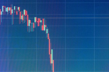 Borsa fiyatları düşüyor, şamdan şeması yakın çekim, detay, fiyat hızla düşüyor, piyasa çöküşü basit bir kavram. Hisse senetleri, kripto para birimi, ön ödeme riski, soyut başarısızlık konsepti, hiç kimse