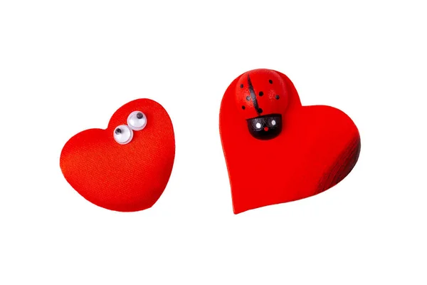 Dwa Małe Zabawne Czerwone Serca Para Serc Obiekty Odizolowane Białym — Zdjęcie stockowe