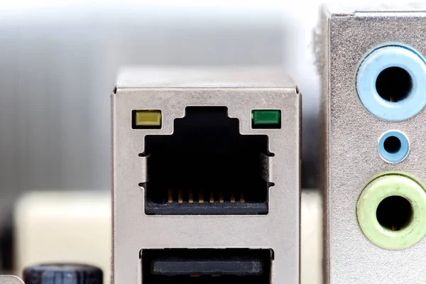 Töm Ethernet Nätverksanslutning Plug Port Moderkort Detalj Extrem Närbild Ingen — Stockfoto