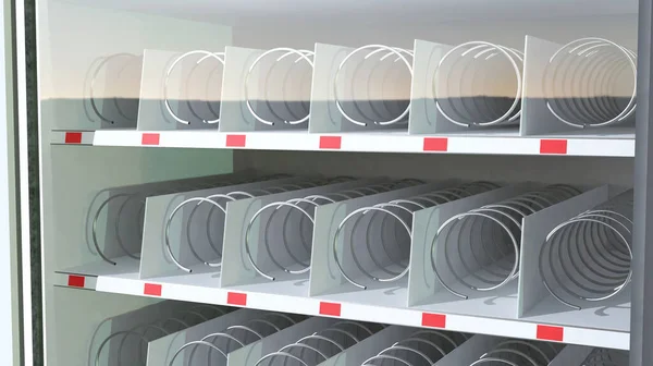 空のスナック自動販売機の閉鎖 ないアイテム 何も内側 食品の不足 食品が完売した 在庫抽象的な概念 3Dレンダリング 注文外の自動販売機 — ストック写真