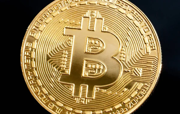 Logotipo Bitcoin Detalle Símbolo Moneda Oro Brillante Macro Primer Plano — Foto de Stock
