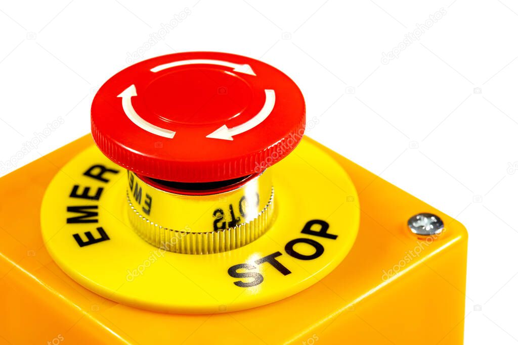 Red emergency stop safety push button, industrial machine rotation release alarm switch object detail, closeup, nobody Workplace safety rules occupational safety and health protection abstract concept