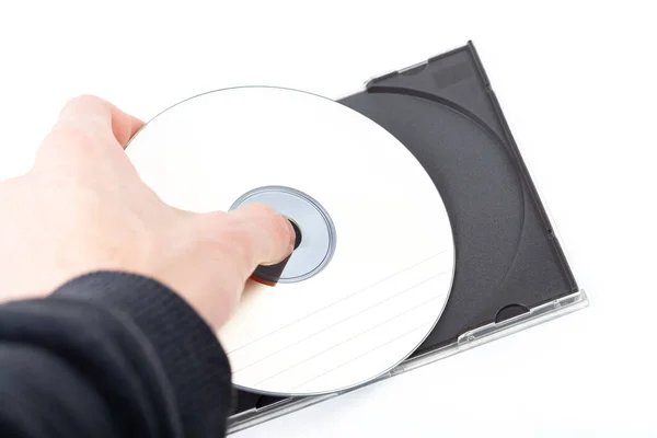 Homem Anônimo Mão Tirando Colocando Simples Disco Vazio Dvd Recipiente — Fotografia de Stock