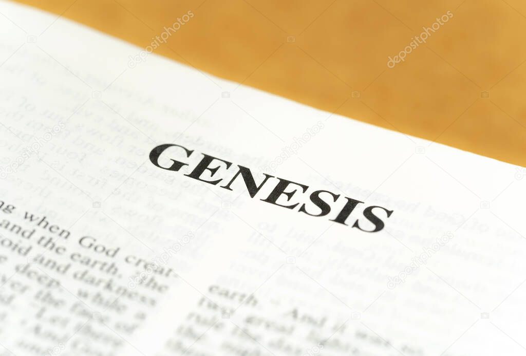 Genesis title page symbol, the first book of the Old Testament, Holy Bible beginning, world universe origin biblical story, creationism concept, single text line word line closeup macro detail, nobody