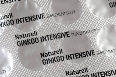 Naturell Gingko Biloba Intensive, ginkgo chinese maiden hair tree extract pills natural dietary supplement pharmaceutical product detail, extreme closeup, nobody