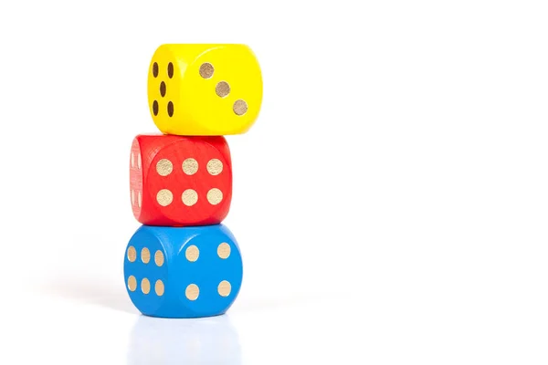 Three Simple Colorful Game Dice Stacked Top Each Other Unstable — ストック写真