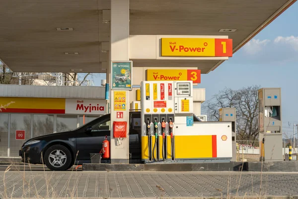 Koninklijk Nederlands Shell Tankstation Benzinepompen Zijaanzicht Shell Power Gas Benzine — Stockfoto