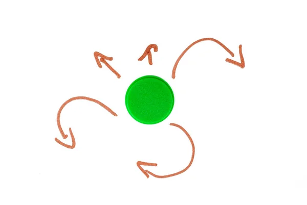 Arrows coming from a green center point, central node, centre middle dot. New directions, possibilities, outwards movement strategy symbol, abstract concept, nobody, no people, isolated on white