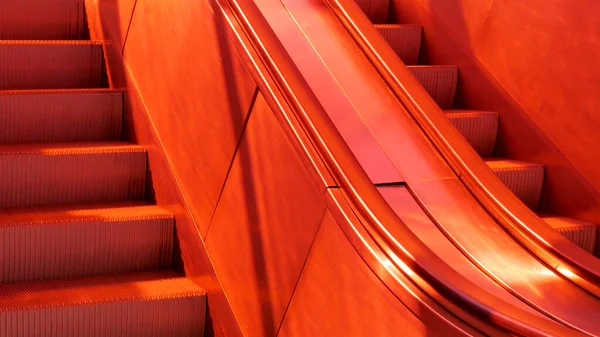 Escalator with bright red lighting, stairs, red light exterior moving staircase detail, closeup, nobody, no people, vacant public area background concept. Outdoor infrastructure, city life concept