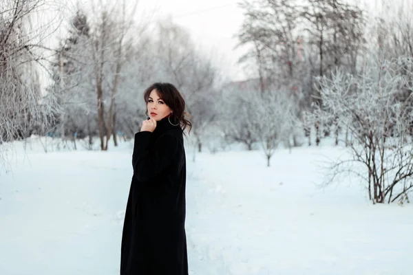 Menina Com Cabelo Escuro Casaco Campo Nevado — Fotografia de Stock